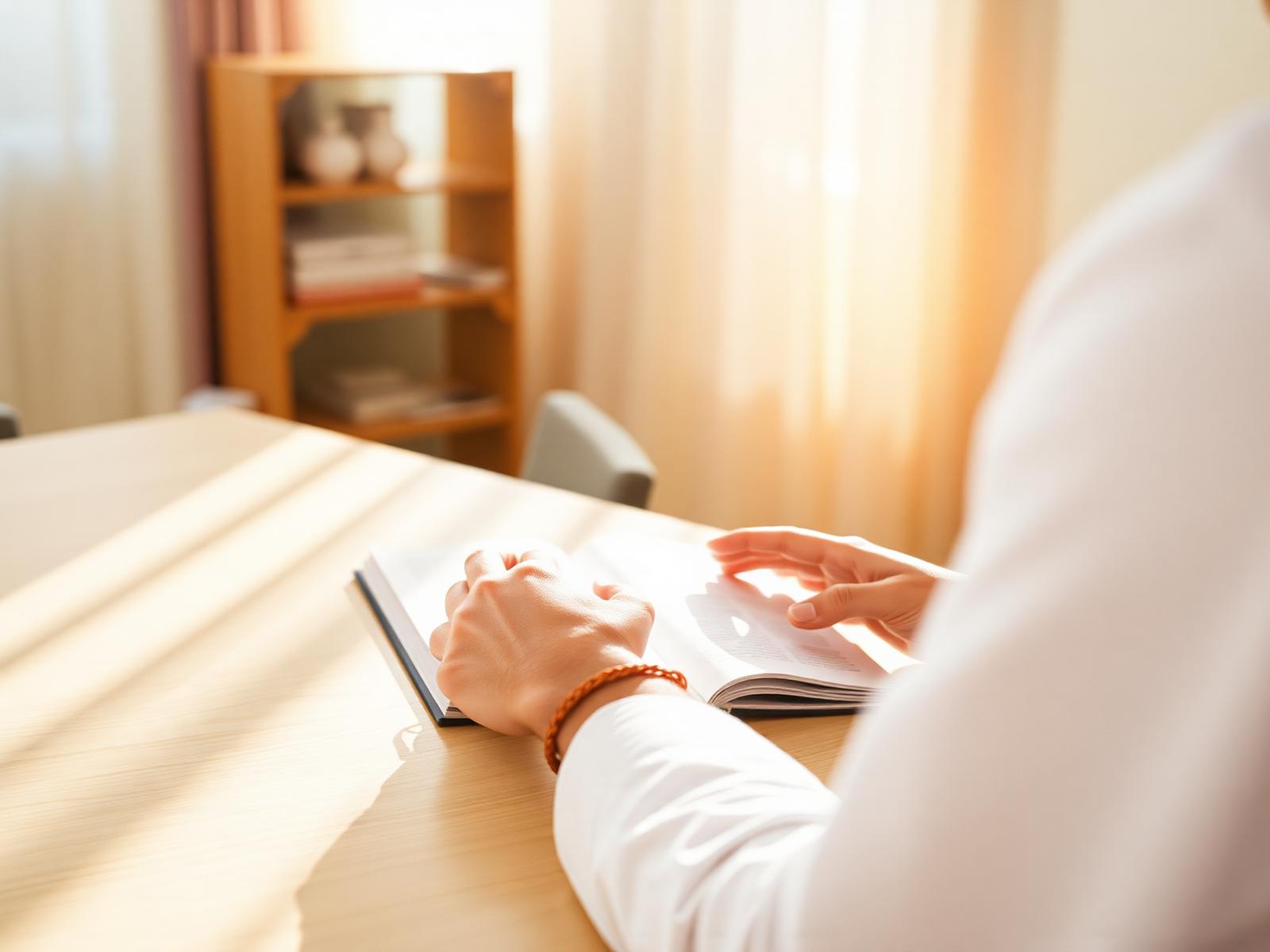 Warm sunlit consultation — hands gesturing over an open notebook