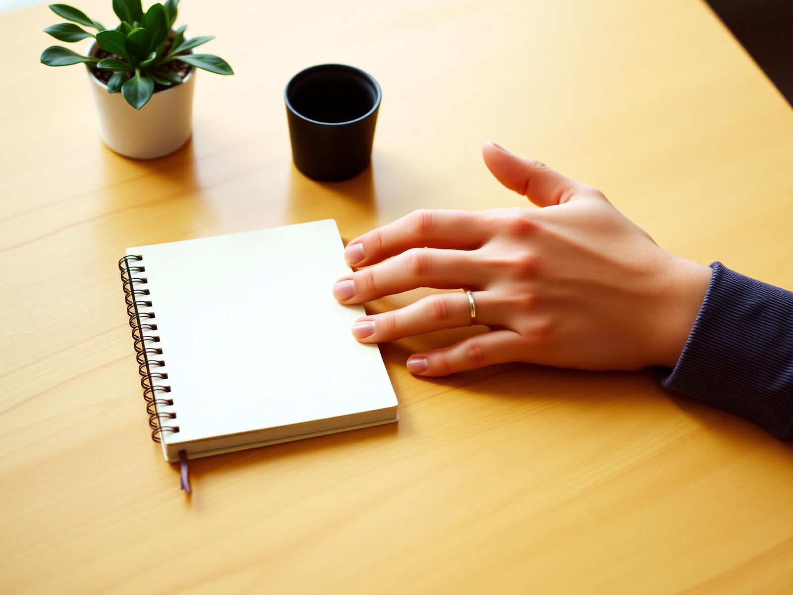 Hands resting on a light wood desk beside a notebook and a small plant