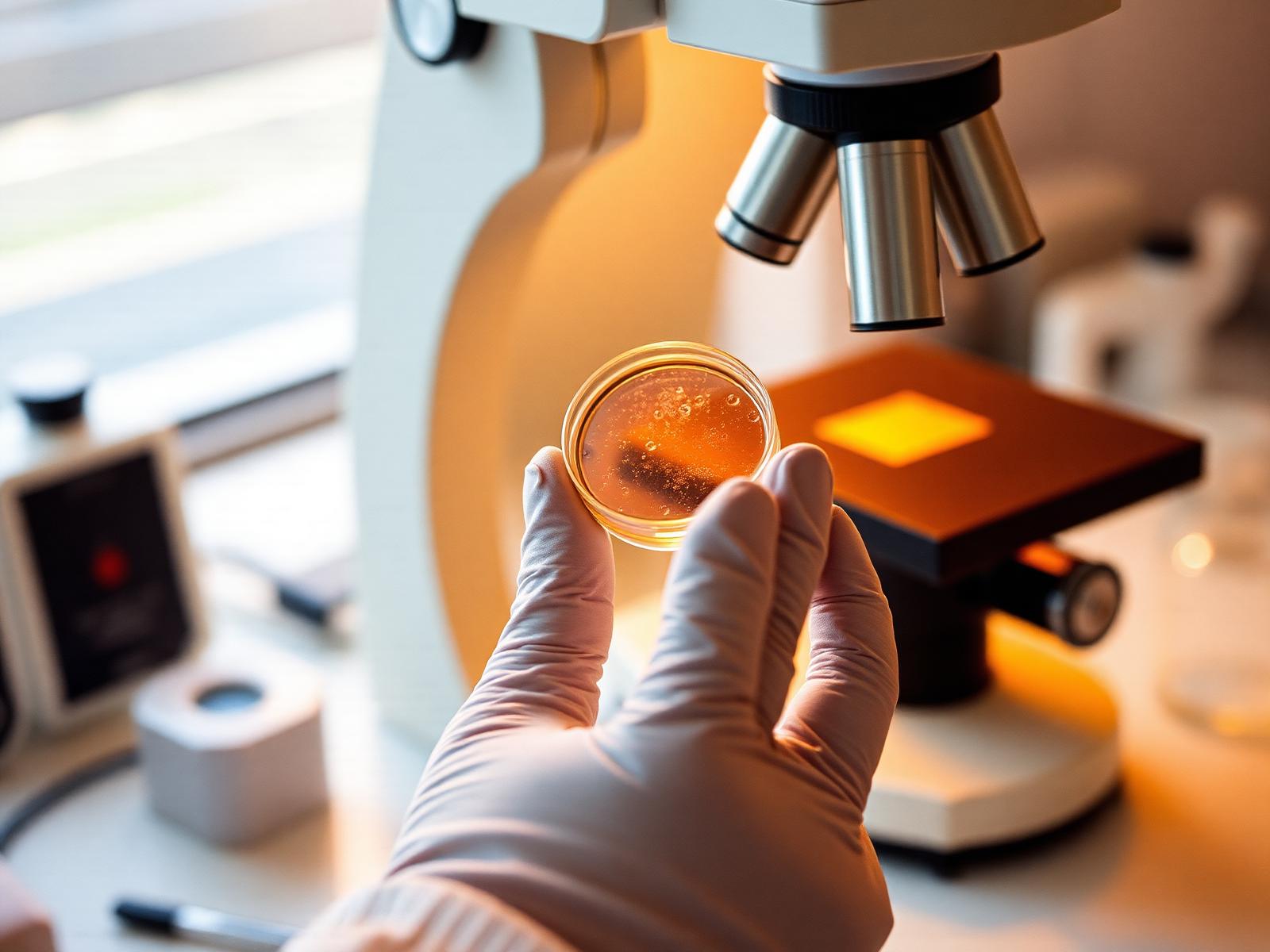 Gloved hand holding a glass petri dish under a microscope in warm light