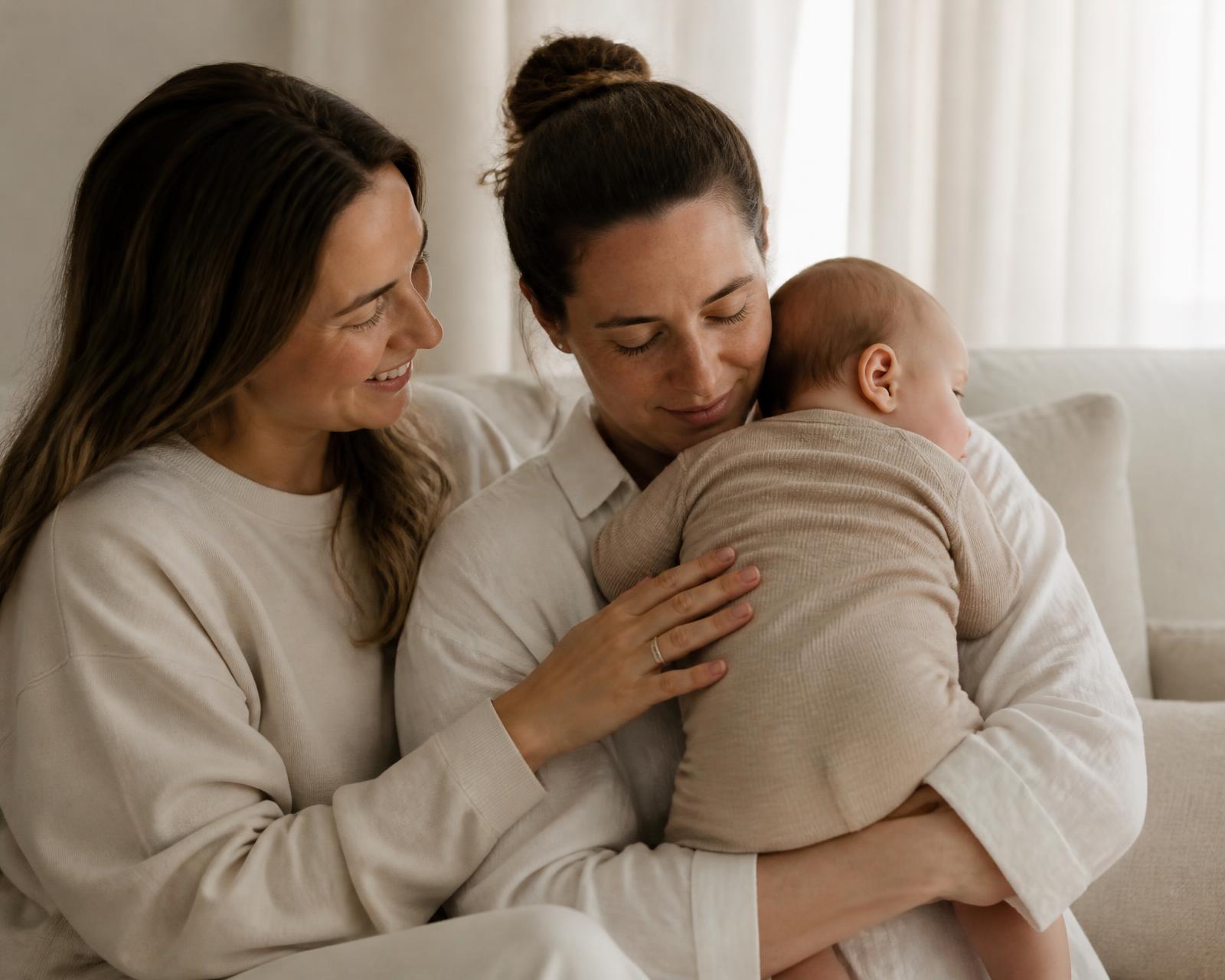 Two mothers sitting together on a linen sofa, one holding their baby against her shoulder