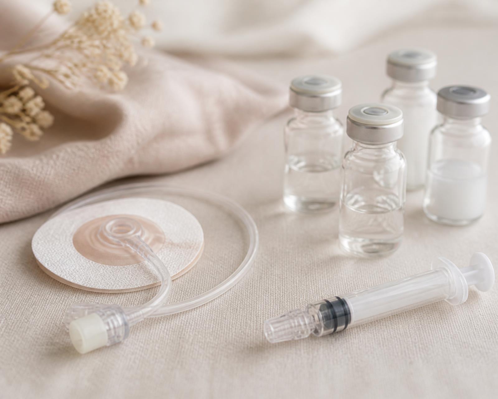 Adhesive medical catheter with clear tubing beside fertility medication vials