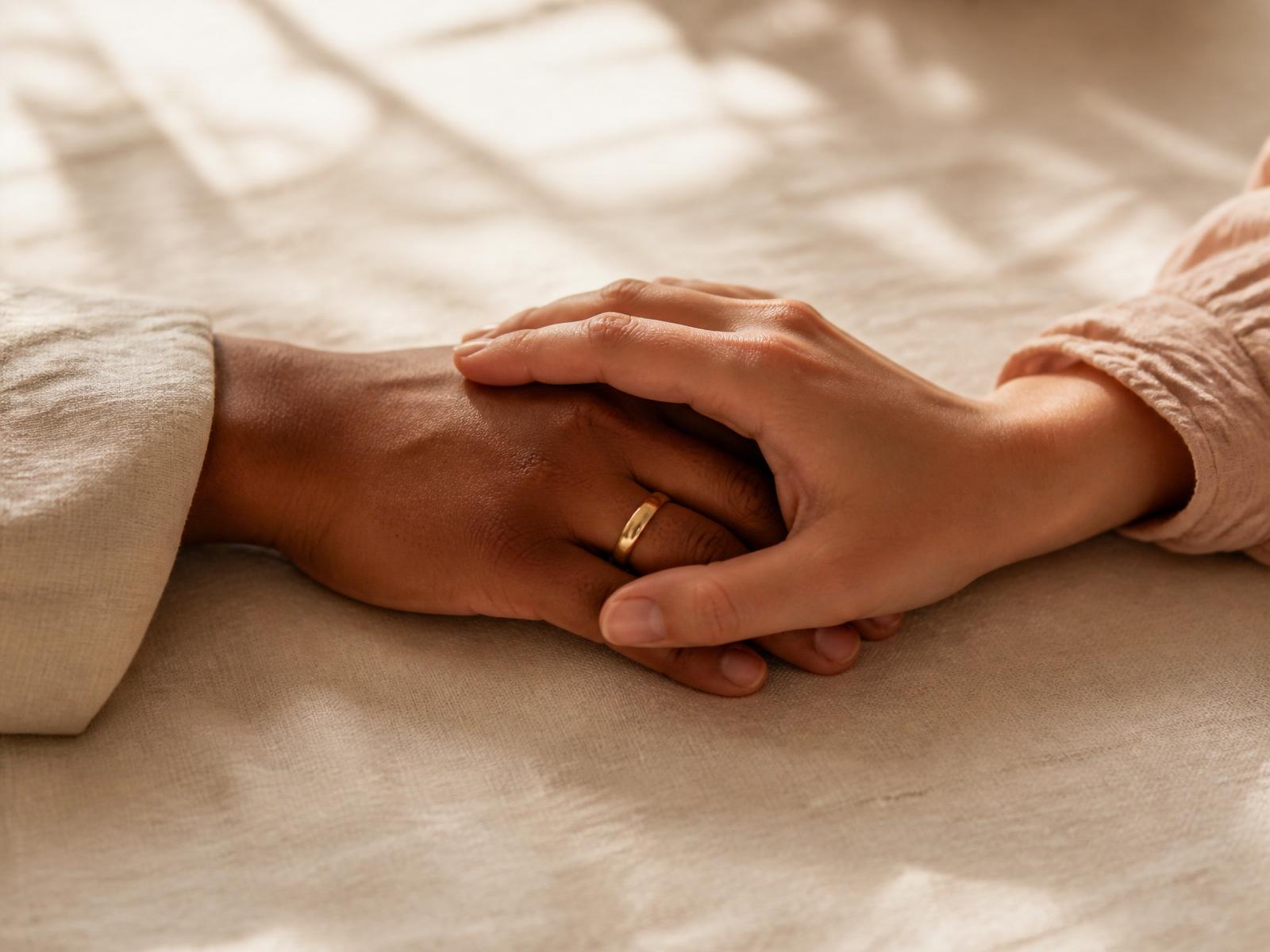 Two hands overlapping on soft ivory linen — warm, natural light